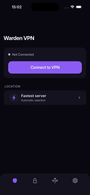 The Warden VPN home screen: a connection card reading Not Connected above a Connect to VPN button, with the location set to Fastest server, automatic selection.
