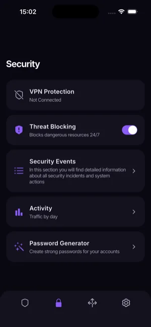 The Security screen, listing VPN protection status, threat blocking, security events, activity and a password generator.