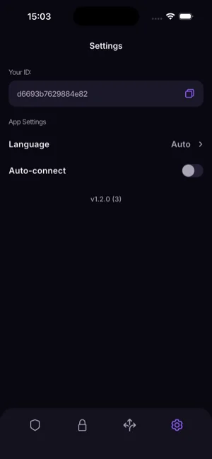 The Settings screen, showing the device identifier, interface language and an auto-connect switch.